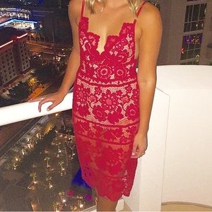 Red Lace Bodycon Midi Dress - Women